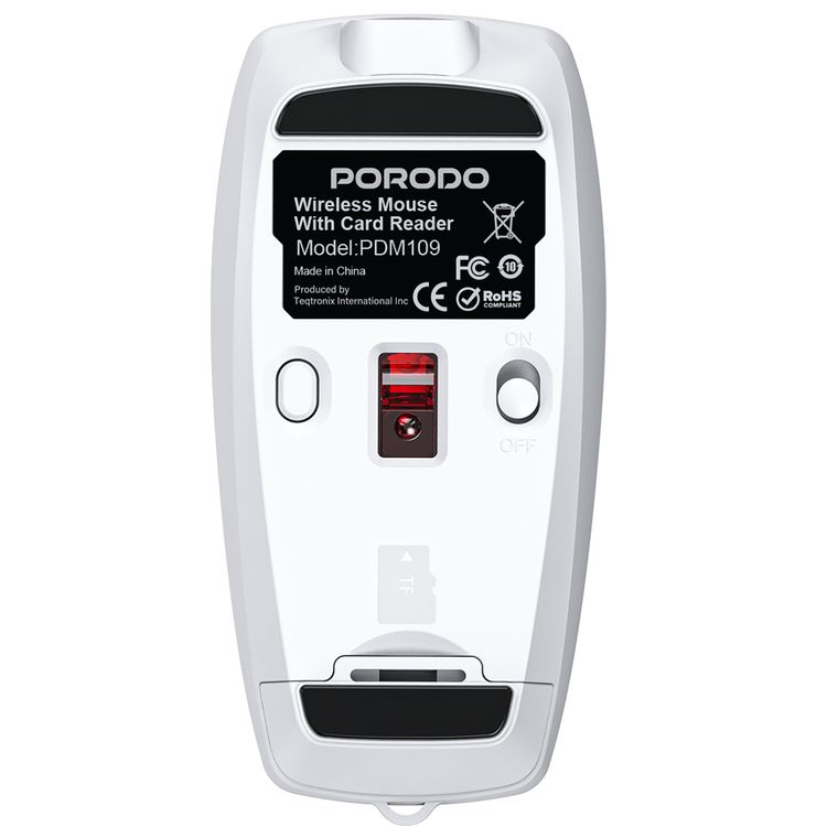 Porodo 1600DPI Wireless Mouse with Card Reader, 120mAh Battery, ABS Material, Bluetooth Version 5.1, 10m Working Distance, Silent Efficient Performance, Plug & Play - Silver