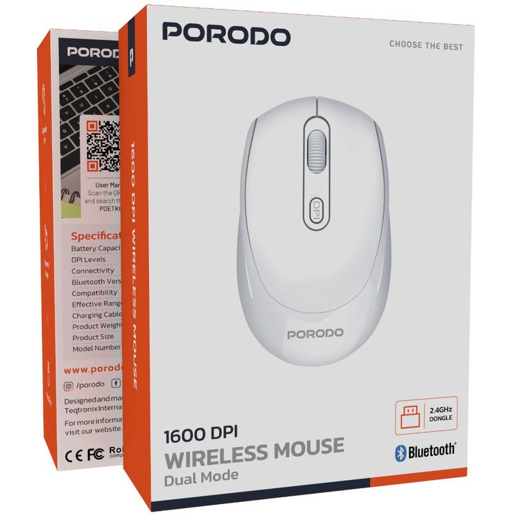 Porodo Dual Mode Wireless Mouse with Adjustable DPI Up to 1600, 7m to 10m Effective Range, 300mAh Battery Capacity, Bluetooth V5.4, Ergonomic Design, Plug & Play - White