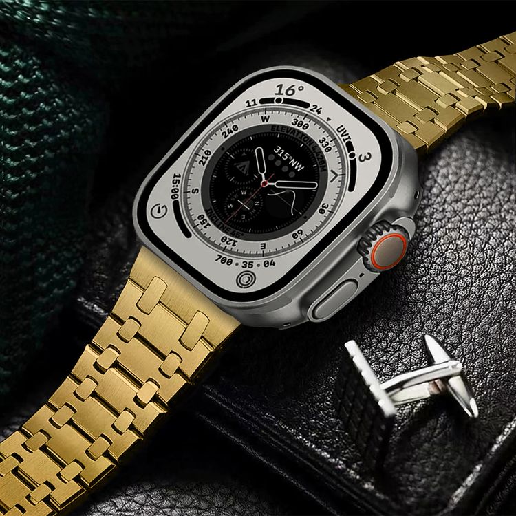 Levelo Royal Link Stainless Steel Watch Strap with Adjustment Tool for Apple Watch 49/45mm, Compatible with SE, Series 8, 7, 6, 5 & 4, Hypoallergenic Material - Gold