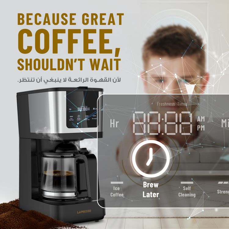 LePresso Drip Coffee Machine with Interactive Touch Display, 400mL Travel Mug Capacity, 10 Cups Coffee Carafe, Washable Nylon Filter, Keep Warm Function, Quick Drew, 1.38L Water Tank Capacity - Black