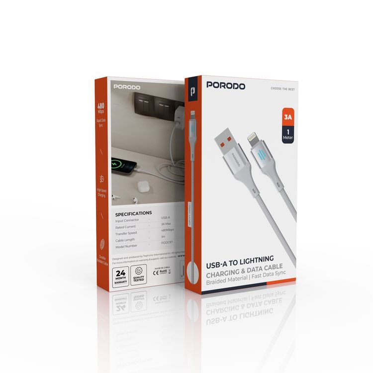 Porodo USB-A to Lightning Charging & Data Cable with 3A Rated Current, 480Mbps Data Transfer Rate, 1m Cable Length, Durable Braided Material, Tangle-Free, Optimal Charging, Enhanced Durability - Silver