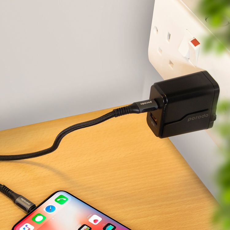 Porodo Dual Port Wall Charger with Type-C to Lightning Cable, 20W Power Delivery, QC 18W, Fire Retardant Material, Overcurrent Protection, UK 3-Pin Plug, Built-in Protective Mechanisms - Black