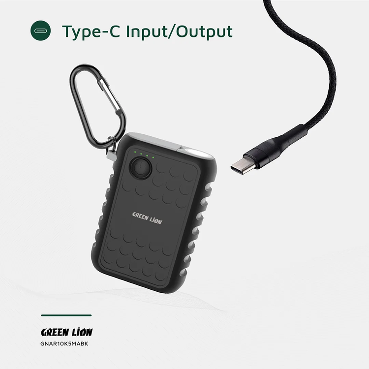 Green Lion Armor Power Bank with 10050mAh Capacity, PD 20W Max Type-C Output, 18W Max USB-A Output, 1W LED Power, 130 lm Brightness Flashlight - Black