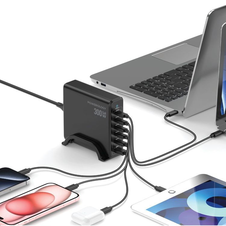 Powerology Volt-X Smart Desktop GaN Charger with PD 140 W, QC 18W, Laptop Charger, UK 3-Pin Plug, 300W Total Output, ×1 USB-A & ×5 USB-C Ports, Multiple Device Charging, Safe & Efficient Charging - Black