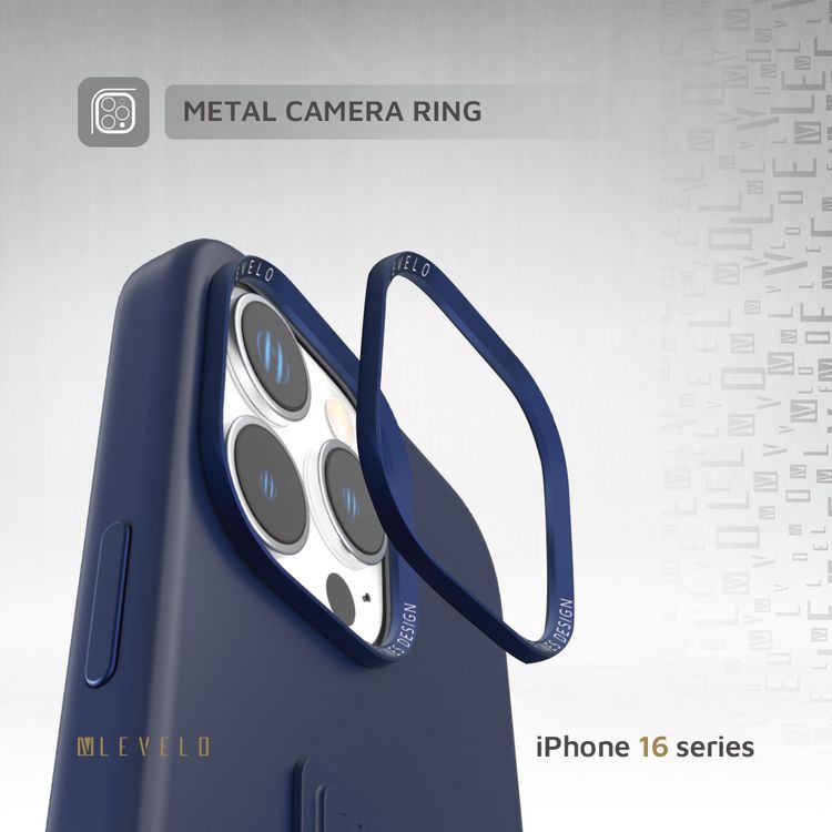 كفر حماية سيليكون Levelo Morphix مع قبضة جلدية لهاتف iPhone 16 Pro Max، حلقة معدنية للكاميرا، حامل متعدد الوظائف، زوايا مقاومة للصدمات، مواد فائقة المتانة - أزرق غامق