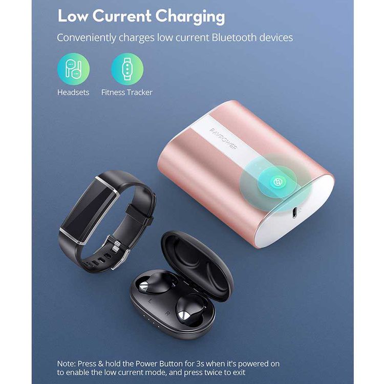 RAVPower 2-Port PD Pioneer Mini Power Bank 10000mAh 18W with Overcharging Protection - QC Fast Charging Portable Charger Powerbank - Compact Size Design - Metallic Pink