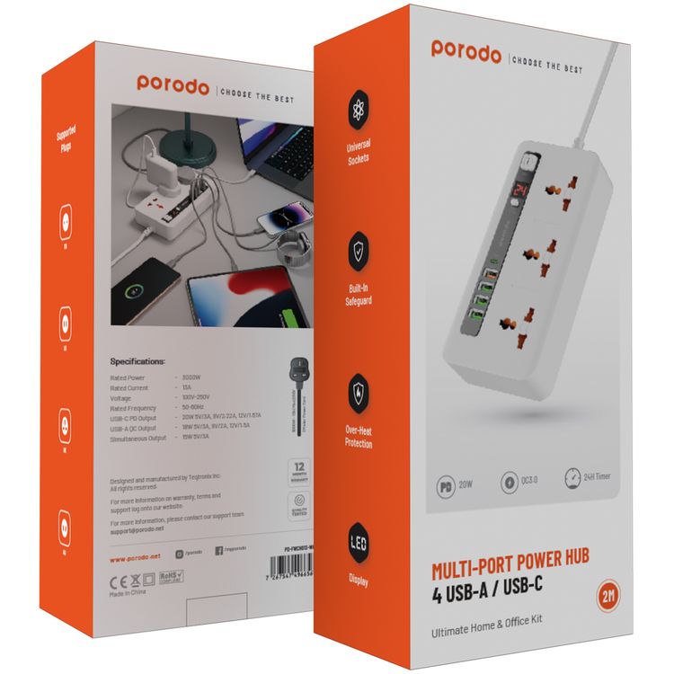 Porodo Multi-Port Power HUB Ultimate Home & Office Kit with 4 USB-A & 1 USB-C, 2m Cable Length, Built-in Safeguard, Over-Heat Protection, LED Display - White
