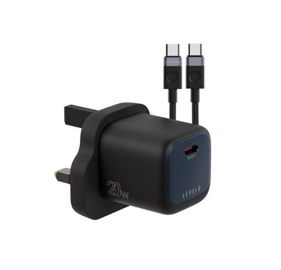 Levelo Vero 20W GaN UK Adapter with Type-C to Type-C Cable, Single Type-C Port, Durable Material, Fast Charging, Over Charge Protection, UK Plug - Black / Blue