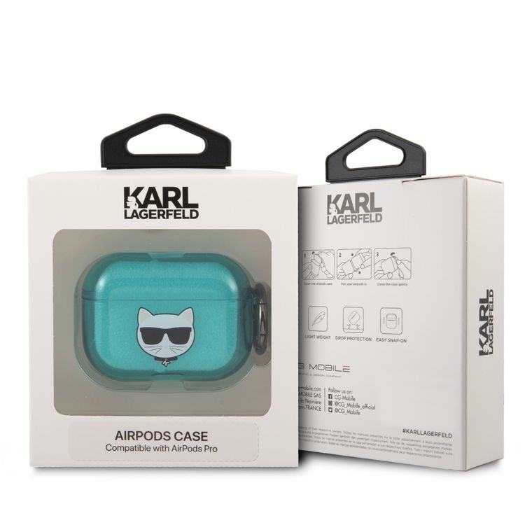 CG MOBILE Karl Lagerfeld TPU Choupette Fluo Case with Ring for Apple Airpods Pro, Scratch & Drop Resistant, Dustproof & Absorbing Protective Silicone Cover Officially Licensed Blue
