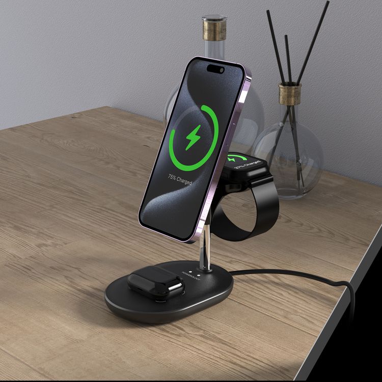 Powerology Floréa 3-in-1 Wireless Charging Stand with 40° Adjustable Viewing Angle, Up to 15W Phone Charging Output, 3W Earbuds Charging Output, 2.5W Watch Charging Output, 1m USB-C Cable, 360° Rotation, Stable Weighted Base, Strong Magnetic Hold - Black
