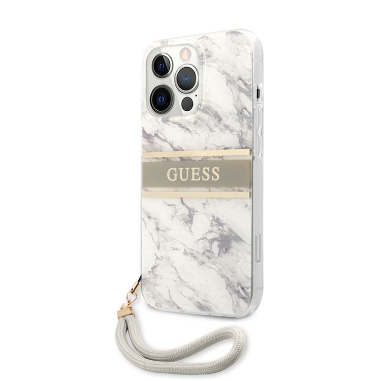 CG MOBILE Guess PC/TPU Case Marble Design & Stripe with Nylon Strap Compatible for iPhone 13 Pro Max (6.7") Back Cover Suitable with Wireless Charging Officially Licensed - Gray