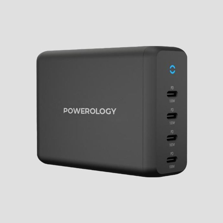 Powerology 165W GaN Desktop Charger with 4X PD Port UK AC Cable PD 100W - Black