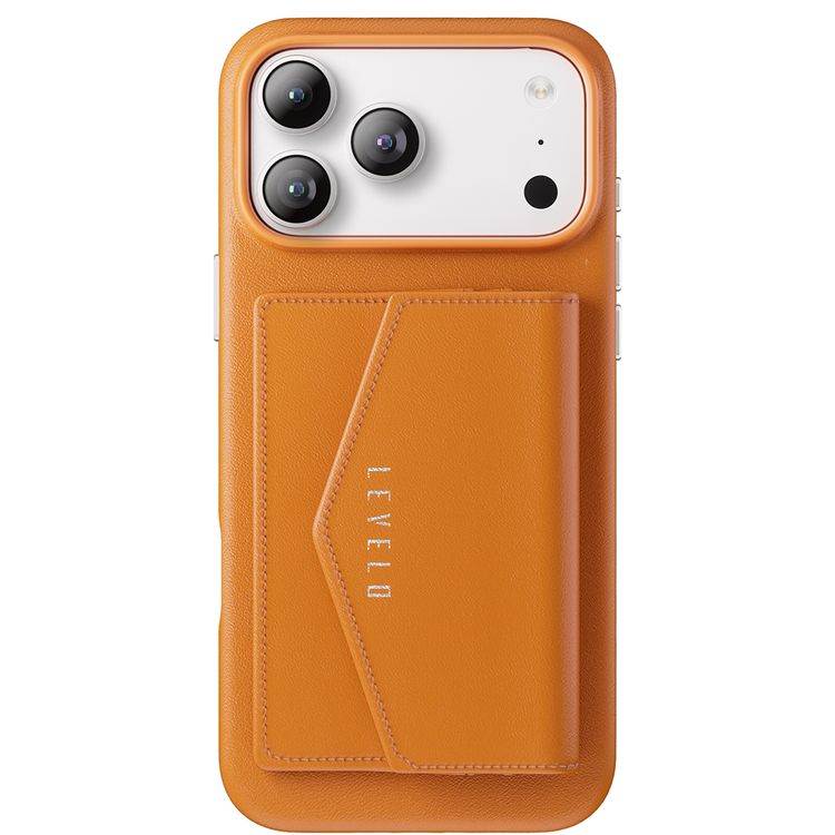 Levelo Vertex PU Leather Wallet Case for iPhone 17 Pro, Shock-Resistant Bumper, Raised Bezels for Camera & Screen, MagSafe Compatible, Drop-Tested, Full-Wrap Leather Build, Detachable Magnetic Wallet - Orange