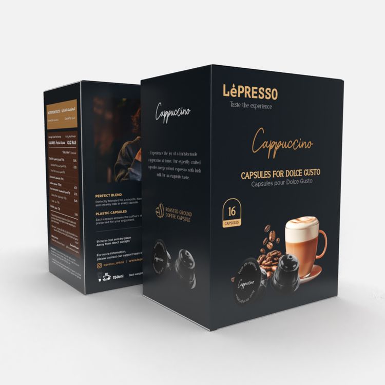 كبسولات LePresso كابتشينو لدولتشي غوستو 16 قطعة، كبسولات بلاستيكية، كبسولات لدولتشي غوستو، كبسولات قهوة مطحونة ومحمصة، مزيج مثالي - أسود