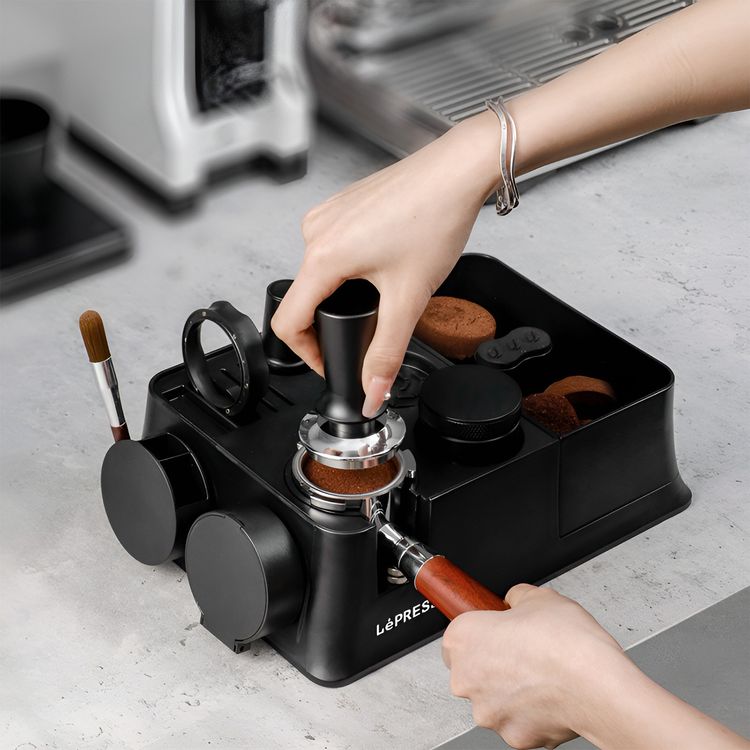 LePresso Tamping Station for 51/58 Portafilter Baskets, ABS Plastic & Silicone Material, Multi-Slot Base, Durable & Compact Design - Black