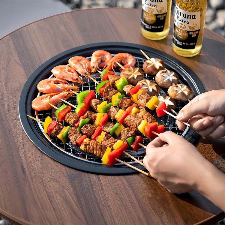 طاولة شواء خارجية دائرية من Porodo مع حلقة حماية من الحرارة، ووعاء فحم قابل للإزالة، مصنوعة من الفولاذ الكربوني - لون بني