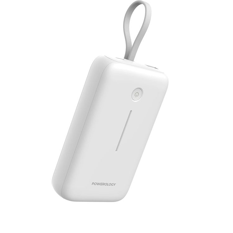 Powerology 20000mAh Power Bank with Detachable USB-C Wire, 30W Power Delivery, 3-Device Charging, Long Time Standby, Universal Phone Compatibility, Built-in Safeguards - White
