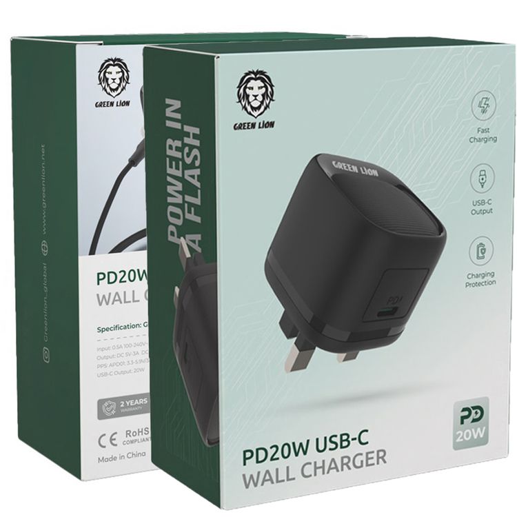 Green Lion USB-C UK Wall Charger with 20W Power Delivery, Charging Protection, Fast Charging Support, Ultimate Device Security - Black