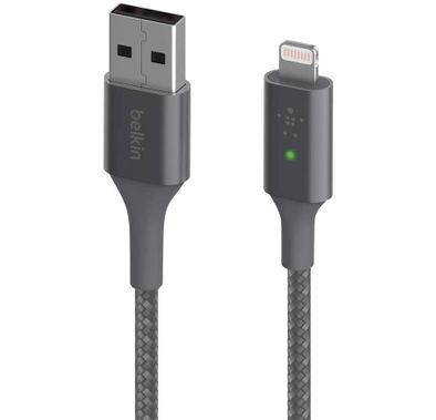 Belkin Smart LED Charging Cable USB to Lightning 4ft/1.2m (See Your Charging Status at a Glance) For iPhone, AirPods and iPad, MFi-Certified - Gray