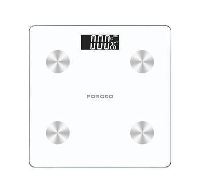 Porodo Gravis Smart Body Fat & BMI Scale with Digital Display, kg & lb Units, Automatic Shut-On/Off, 15 Body Metrics, Tempered Safety Glass, 3-180kg Weighing Range - White