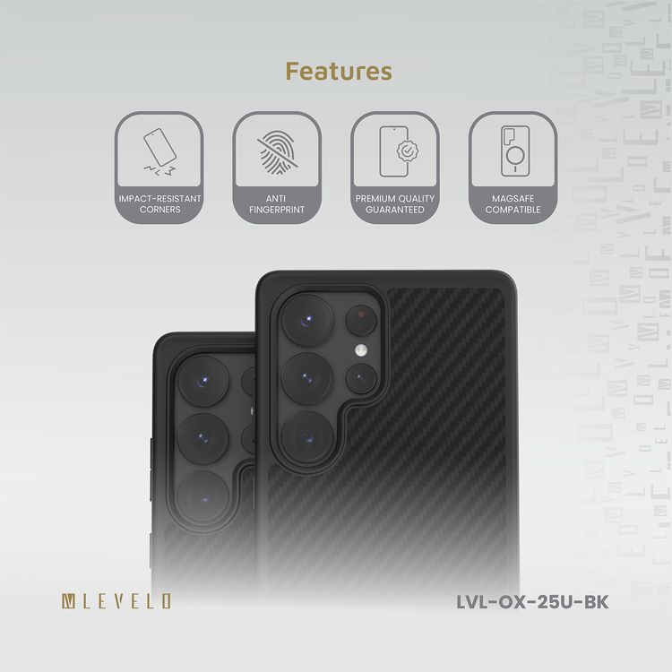Levelo Ox Carbon Case for Samsung S25 Ultra, MagSafe Compatible, Durable 600D Aramid Fiber Material, Anti Fingerprint, Premium Quality Guaranteed - Black