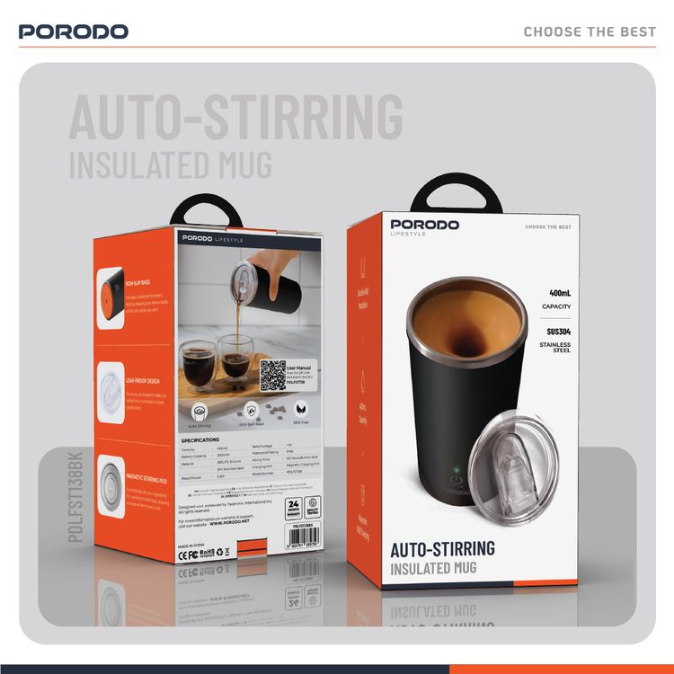Porodo Lifestyle Auto-Stirring Insulated Mug with 400mL Capacity, Anti-Slip Base, 300mAh Battery Capacity, 120-Seconds Mixing Time, Auto-Stop - Black