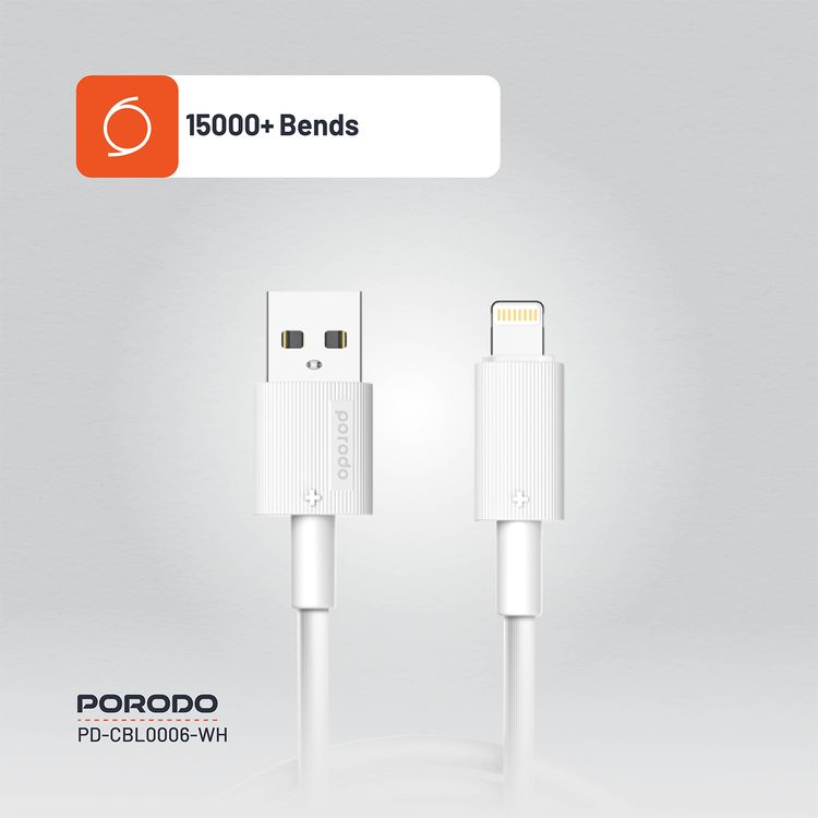 Porodo USB A to Lightning PVC Cable 3m, 480Mbps, 2.4A, more than 15000 Bends Life Span, Tangle Free - White