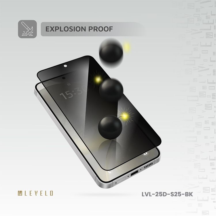 Levelo 2.5D Silk Print HD Privacy Glass for Samsung Galaxy S25, High Silicone Aluminum, 0.25mm Ultra Thin, Scratch-Resistant, Oleophobic & Hydrophobic Coating, Instant Fingerprint Unlock, Air Bubble Prevention, Explosion- Proof, Auto-Exhaust - Black