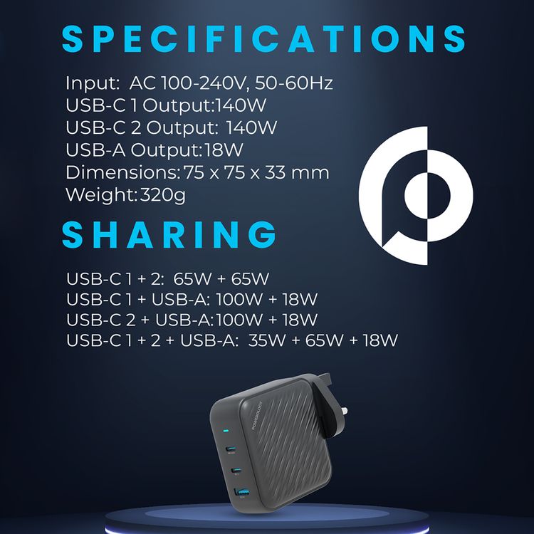 Powerology 140W Dual PD GaN Charger with Built-in Safeguards, 18W USB-A Output, UK 3-Pin Plug, Laptop Charging Compatibility, Triple-Port Fast Charging - Black