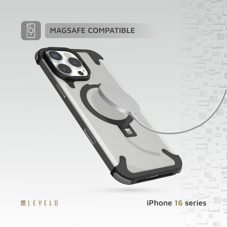 Levelo Metallo Aluminum Bumper Case for iPhone 16 Pro Max, MagSafe Compatible, Metal Kickstand, Impact Resistant Corners - Black 