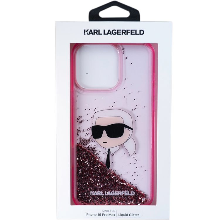 KARL LAGERFELD Liquid Glitter Hard Case with NFT Karl Head for iPhone 16 Pro Max, Slim Profile, Drop Protection - Pink