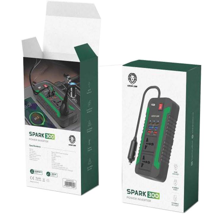 محول طاقة Green Lion Spark 300، 2 مقبس تيار متردد، 3 منافذ PD من النوع C، 4 منافذ USB-A، طاقة قصوى 300 وات، حماية من الجهد العالي - أسود