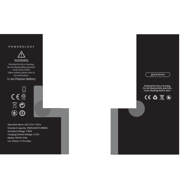 Powerology Li-ion Polymer Phone Battery 3969mAh, 15.08Wh for iPhone 11 Pro Max - Black