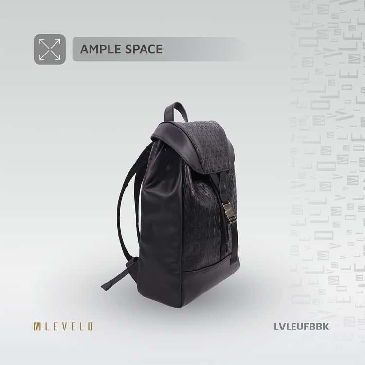 Levelo Envol Universal Fashion Backpack with Premium Leather Material, Scratch Resistant, Lightweight Design, Push Buckles, Drawstring Closure, Multiple Compartments - Black