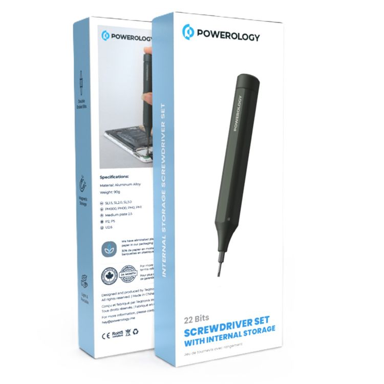 Powerology 22 Bits Screwdriver Set with Internal Storage, Double Ended, Aluminum Alloy Material, Light and Portable - Black