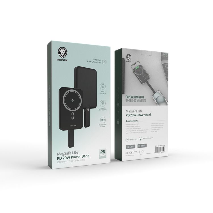 Green Lion MagSafe Lite Power Bank 10000mAh, Fast Charging PD 20W, Wireless Charging 15W, MagSafe Compatible - Black