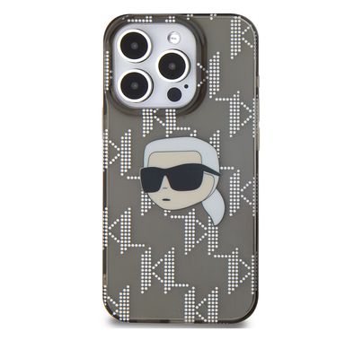 Karl Lagerfeld IML Hard Case for iPhone 16 Pro with Electroplated Karl Head & Monogram Design, Comfortable Grip, Slim Profile, Drop Protection, Sustainable Packing - Black