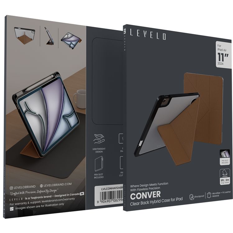 Levelo Conver Clear Back Leather Case for iPad Air 11" (2024), Built-in Pen Slot, Accurate Cut-Outs, Easy Snap-On, 360° Protection, Vertical & Horizontal Positioning - Brown