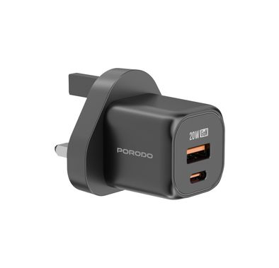 Porodo Dual Port Wall Charger with 18W USB QC3.0, PD 20W, UK Plug, Over-Heat Protection, Simultaneous Charging - Black