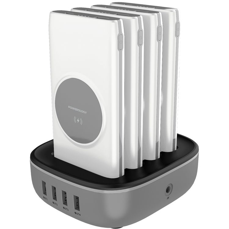 Powerology 4-in-1 10000mAh Power Bank Station with Built-in Lightning/Type-C Cable, 20W Power Delivery, 15W Maximum Wireless Output, UK 3-Pin Power Plug - White