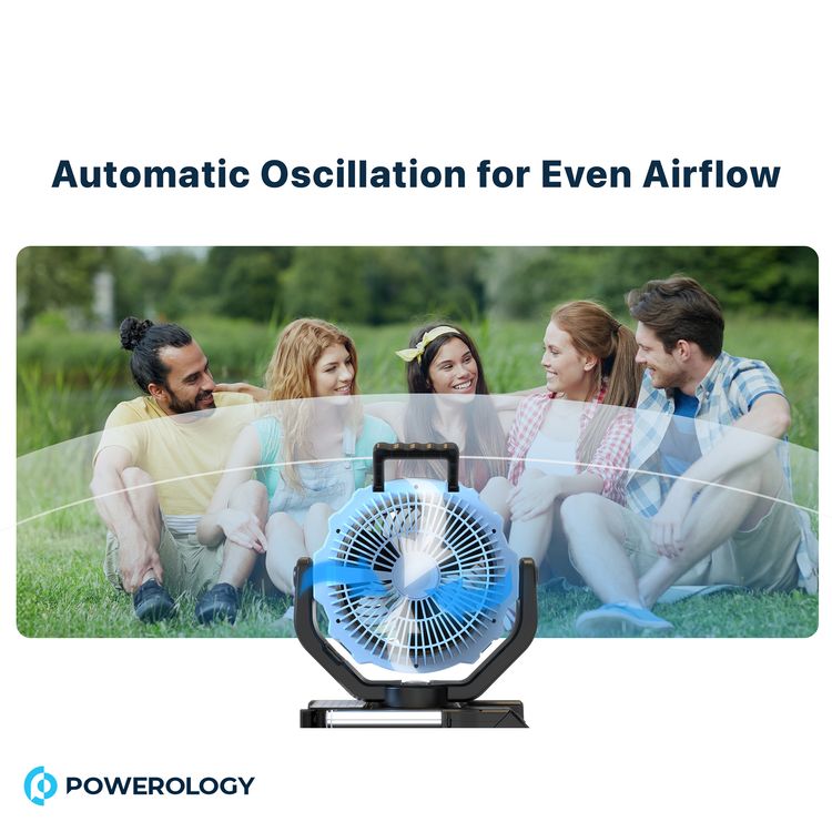 Powerology Ventopower Outdoor 40K Oscillating Fan with 6 Speed Levels, High Capacity Battery, Timer, Dynamic Mood Lighting, TF Card Playback, Oscillating Fan Head - Black