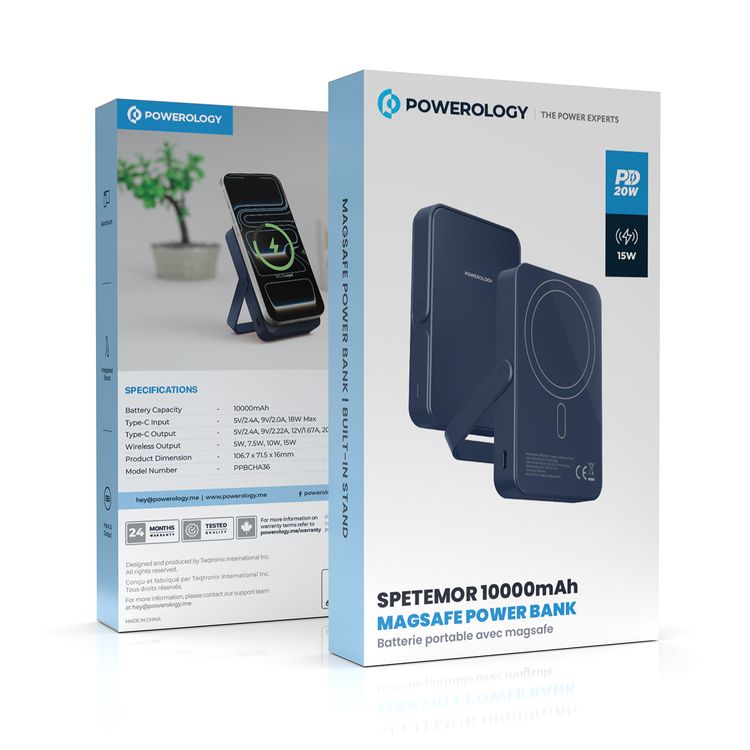 Powerology 10000mAh Magsafe Glass Surface Power Bank with Compact Design, Type-C & Wireless output, Integrated Stand, Aluminum Material, 20W Power Delivery, Cable-Free - Blue