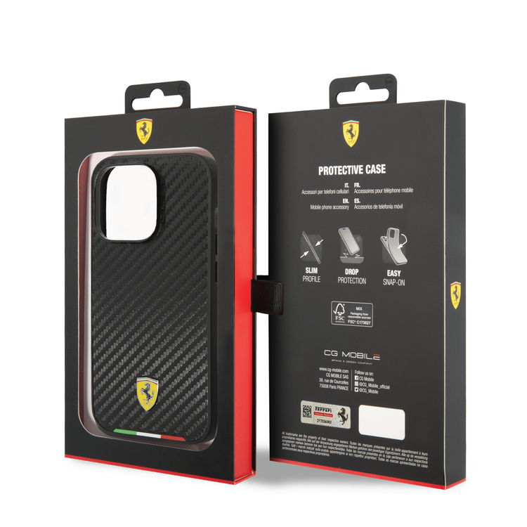 CG Ferrari Magsafe Compatibility Hard PU Smooth Case with Italian Flag Line & Metal Logo iPhone 14 Pro Compatibility - Black