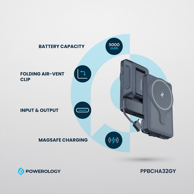 Powerology Car Mount 5000mAh Power Bank with Magnetic Wireless Charger, MagSafe Charging, PD 20W Fast Charge, Folding Air-Vent Clip, LED Indicator, Built-In Type-C Cable, Lightweight & Portable - Gray 
