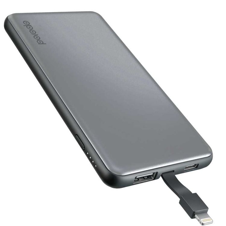 Porodo PD-PB110-GY USB & Type-C Power Bank 10000mAh with Cable Compatible for Lightning Devices - Travel-friendly Design - Slim Lightweight Portable Charger Powerbank - Gray