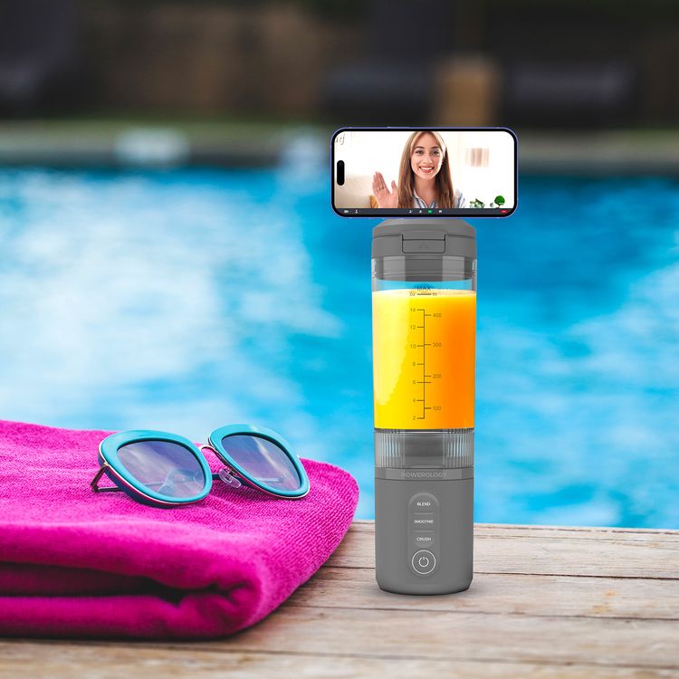 Powerology MagBlend Portable Blender with Magnetic Phone Mount, 6 Sharp Steel Blades, Powerful Ice Crushing, Multi-Mode Blending, 470mL Capacity, Fits to Car Cup Holders - Gray