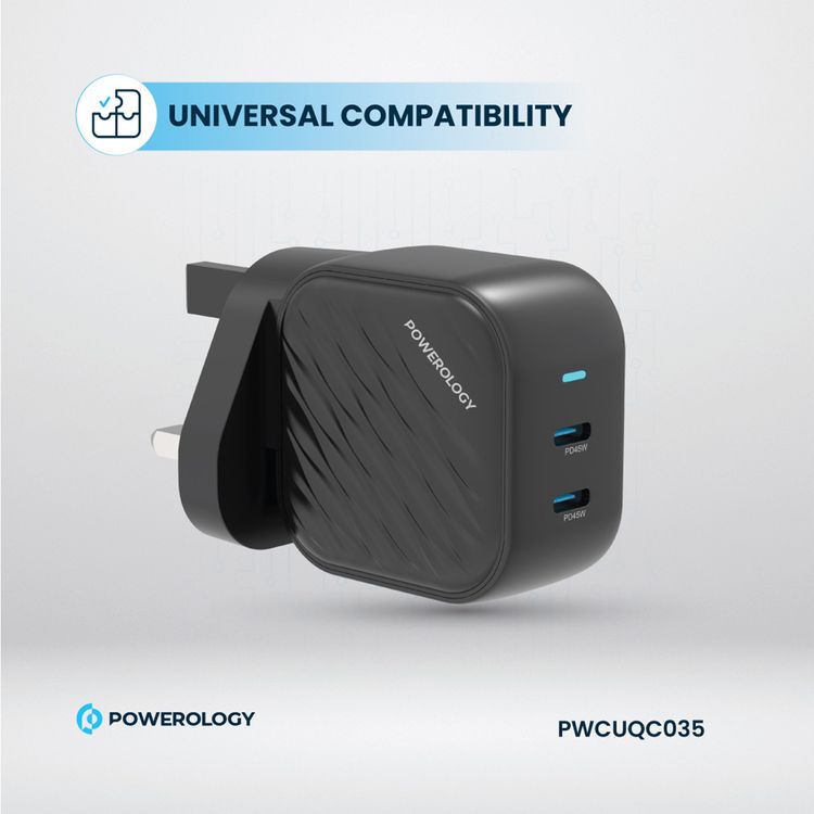 Powerology GaN Dual-USB-C Wall Charger with 45W Power Delivery, Built-in Safeguards, Universal Compatibility, 1.5A Rated Current, AC 100-240V Rated Voltage - Black