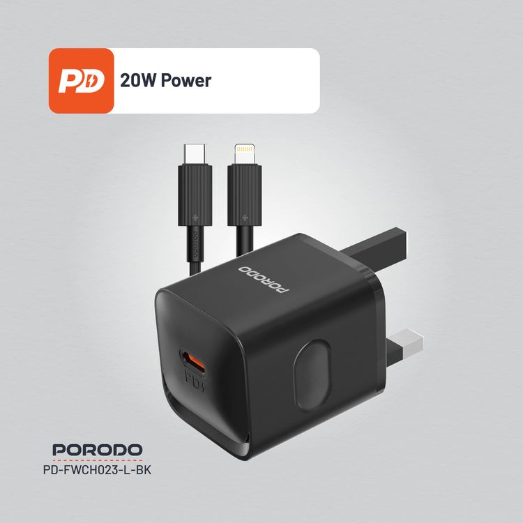 Porodo شاحن حائط بقوة 20 واط (UK) مع كابل Type-C إلى Lightning، حماية من الحرارة الزائدة، محمول - أسود
