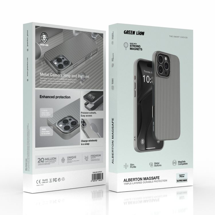 جراب Green Lion Alberton MagSafe لهاتف iPhone 16 Pro Max، حماية للكاميرا، فتحات دقيقة، مضاد لبصمات الأصابع - رمادي