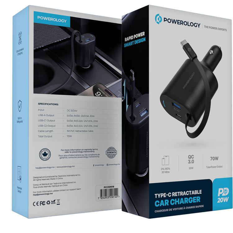 Powerology Type-C Retractable Car Charger, Dual Ports, Patented Design, Built-in Safeguards, Simultaneous Charging, Integrated Type-C Cable - Black